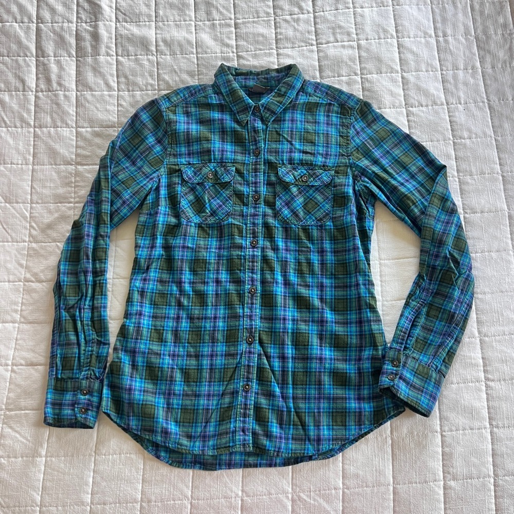 Eddie Bauer Womens Blue Green Plaid Flannel Shirt Cotton Button Down Size S